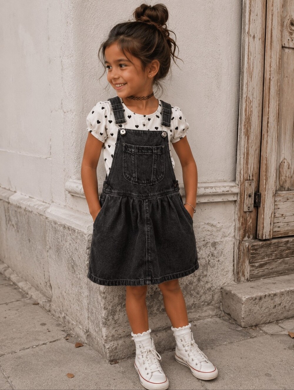 Zara Girls Size 6 Black Acid Wash Denim Overall Pinafore Dress Cotton